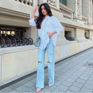 Zara Wide Leg Full Length Ripped Jeans